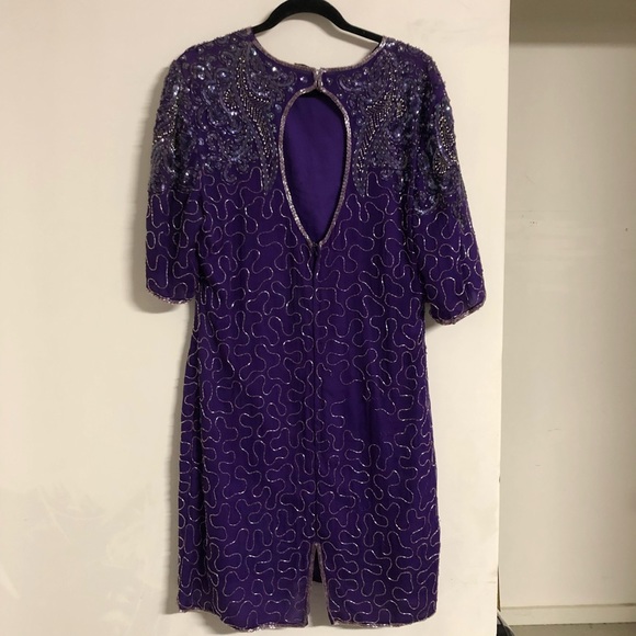 Vintage 1980s Purple Sequin and Beaded Silk Dress Art Deco Flapper Style Size 10 - Picture 4 of 13